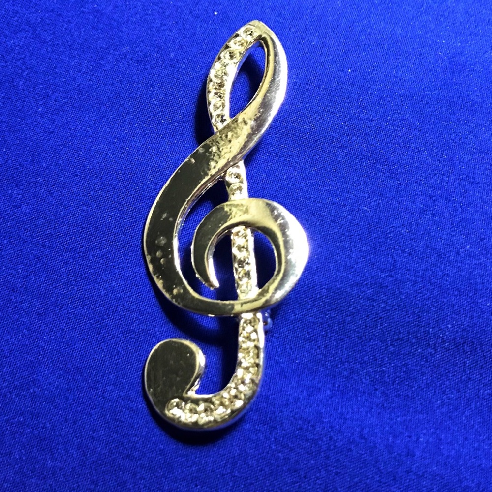 Treble Clef Silver Rhinestone Brooch Pin - Picture 2 of 4